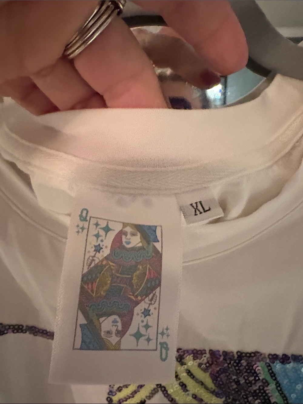 QUEEN OF SPARKLES White Mini Dress with Multicolor Sequin Playing Card Motif - Picture 2 of 4